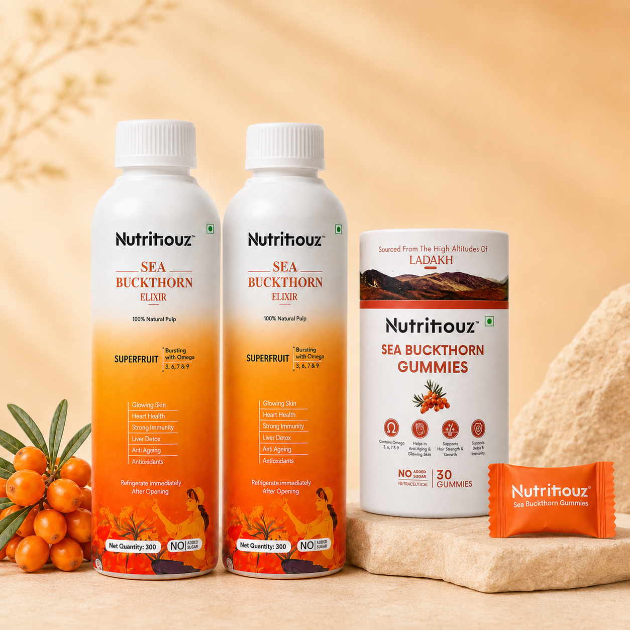 Nutritiouz Sea Buckthorn Elixir Pack of 2 + 30 Gummies Combo